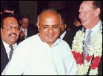 Click for a bigger image: Amar Singh, Deve Gowda with Kerry Packer. Photograph: Saab Press